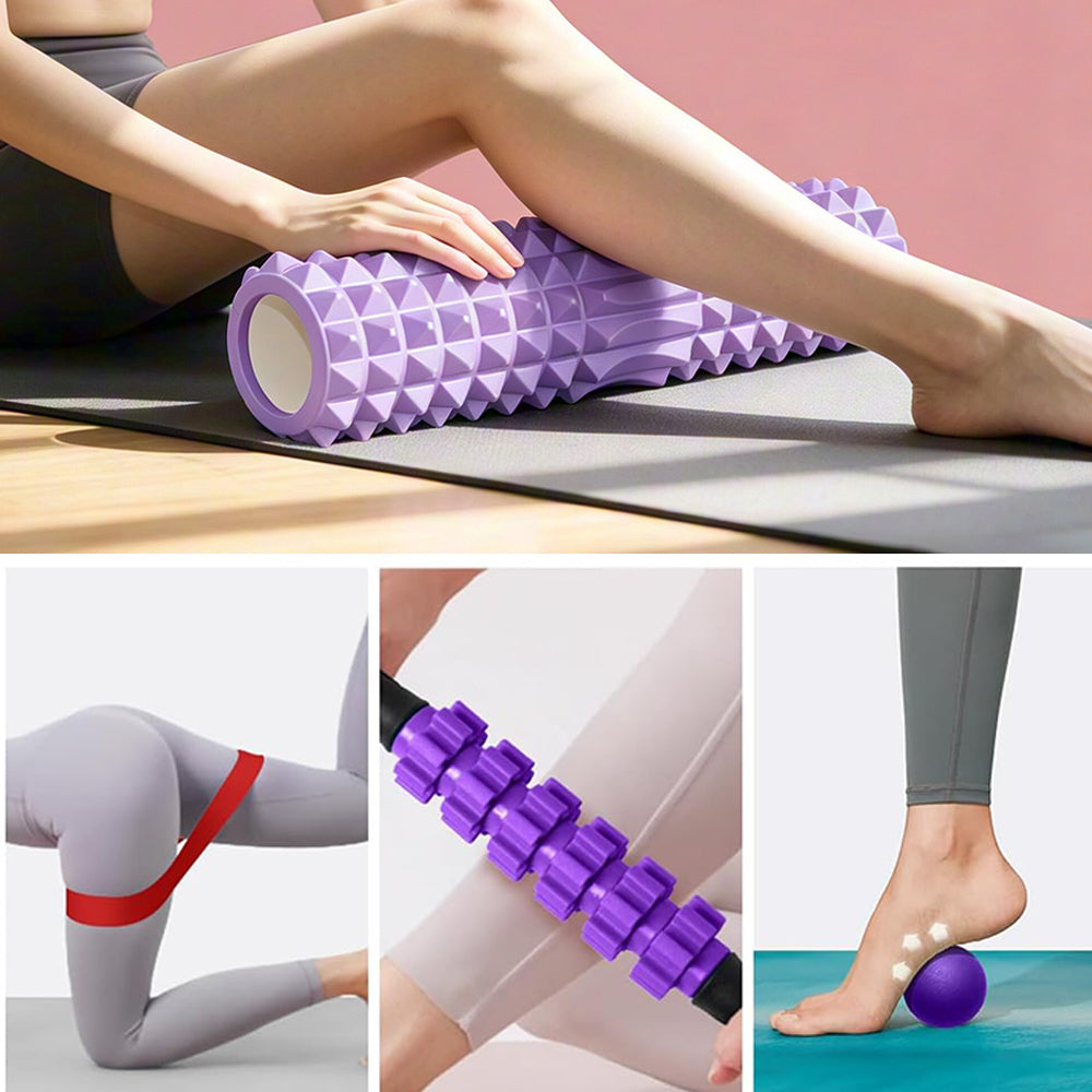 6Pcs Foam Roller Set with Massage Stick and Resistance Band-Purple