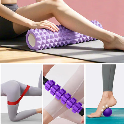 6Pcs Foam Roller Set with Massage Stick and Resistance Band-Purple