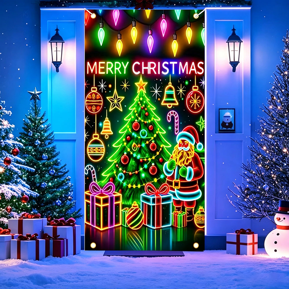 90x180cm 2D UV Reactive Christmas Glow Door Curtain - Santa Claus and Christmas Tree