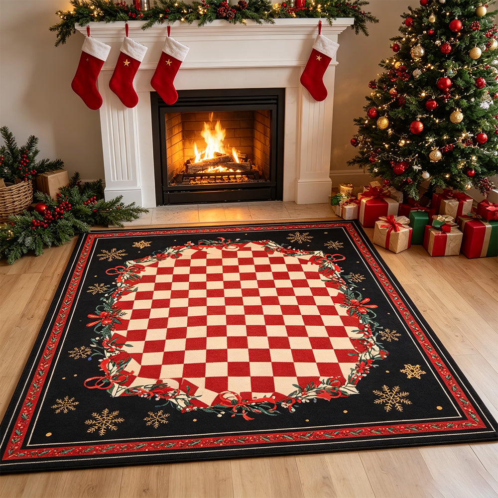 Christmas Plaid Short Pile Rug with Non Slip Rubber Backing - Snowflake