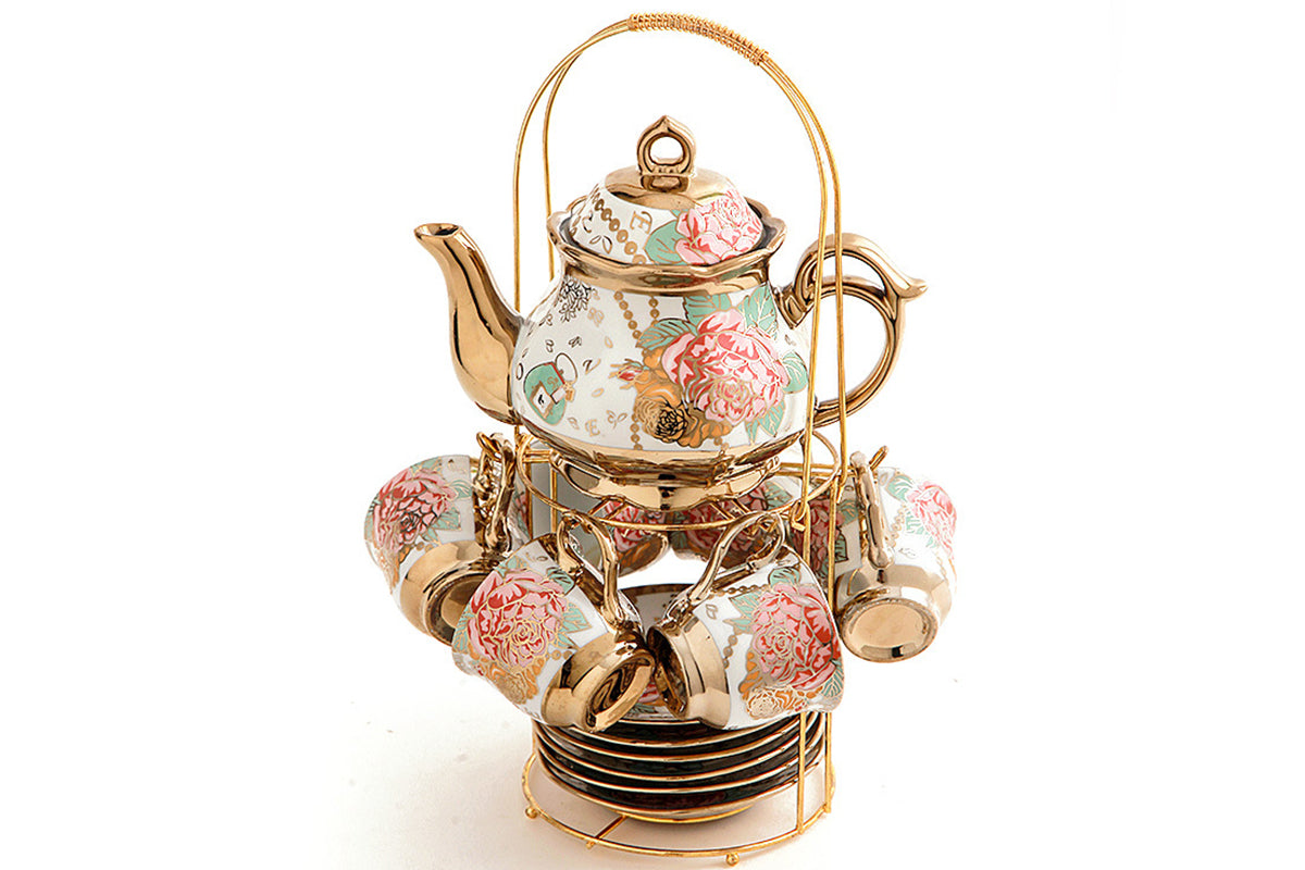 20Pcs Ceramic Tea Sets for Tea Party Porcelain Tea Set With Metal Holder and Teapot