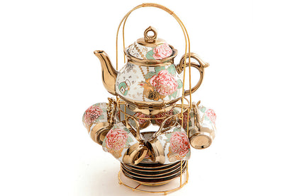 20Pcs Ceramic Tea Sets for Tea Party Porcelain Tea Set With Metal Holder and Teapot