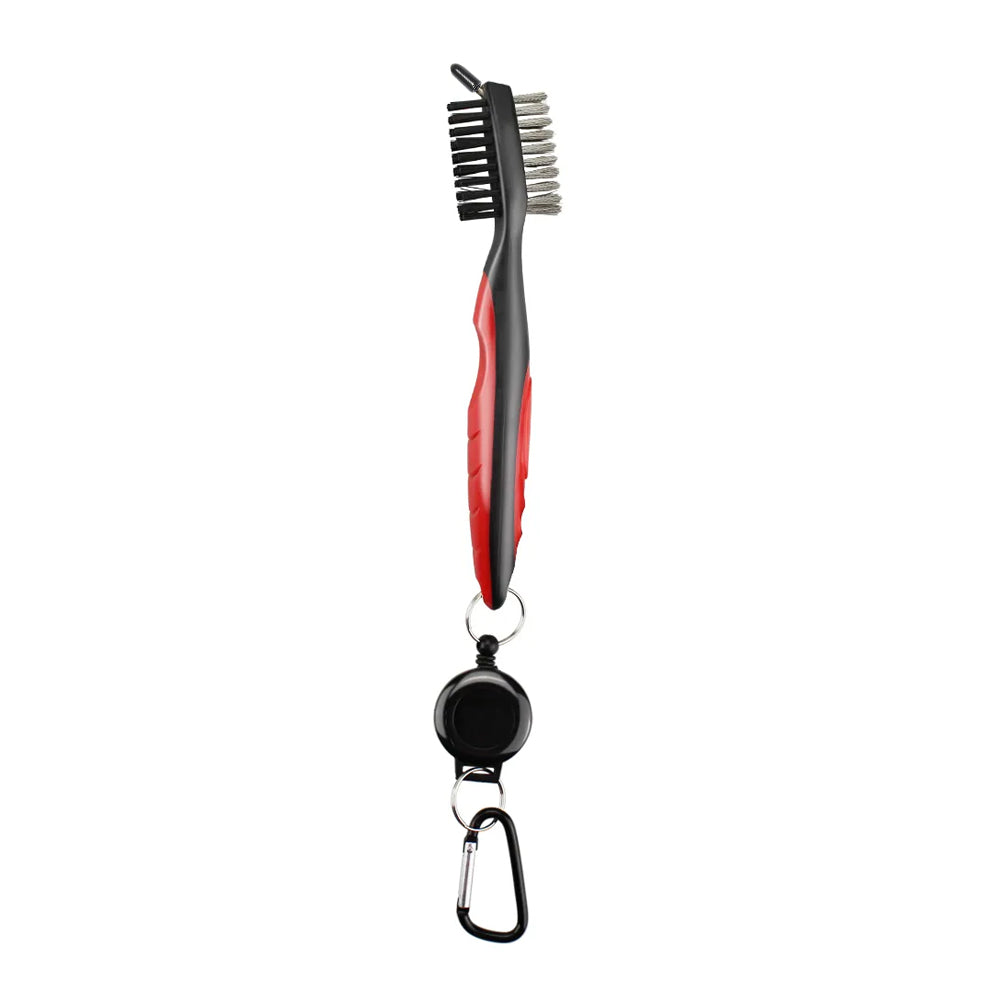 Double Sided Golf Cleaning Brush Club Brush and Groove Brush with Retractable Reel Red
