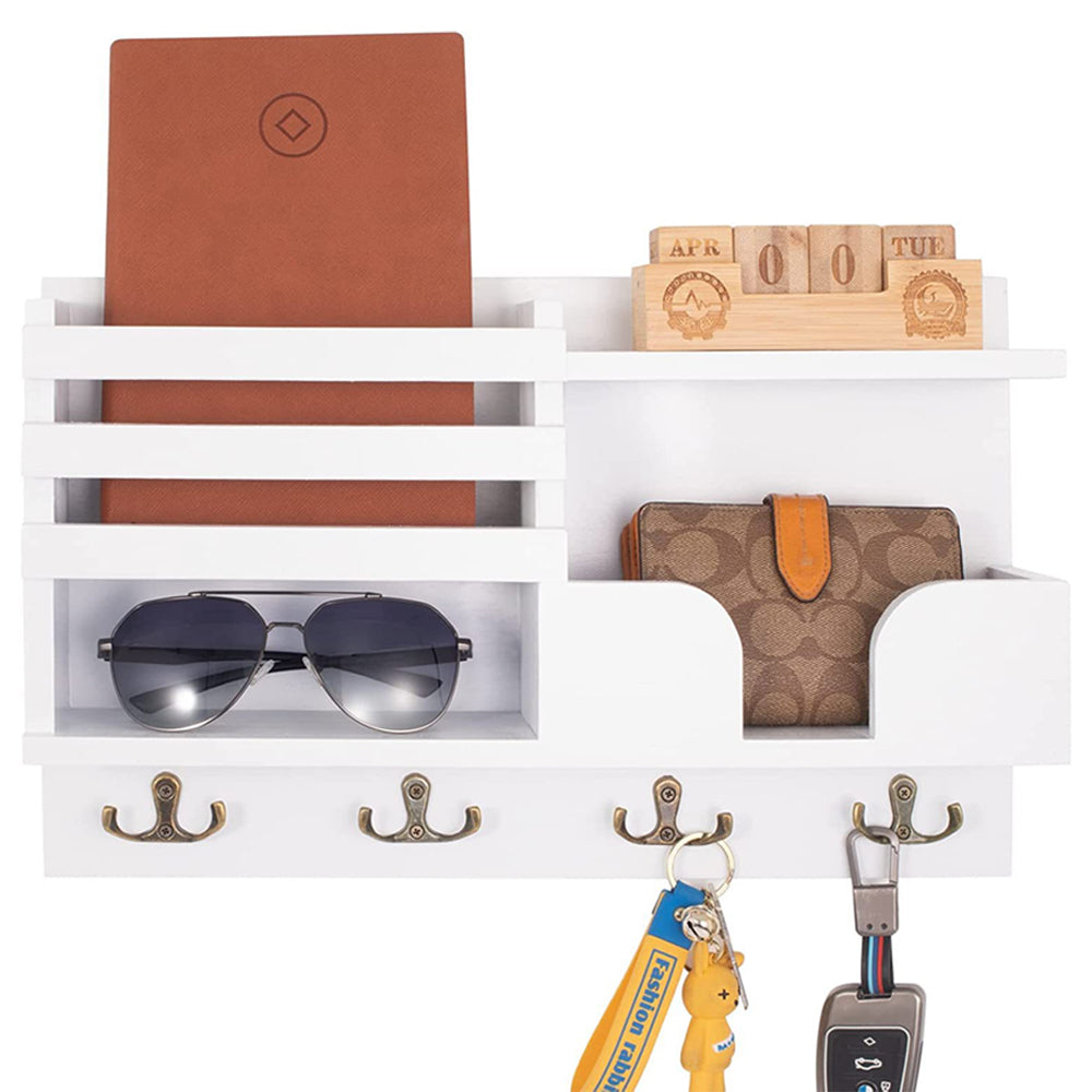 Multi-Purpose Key and Mail Holder Wall Mount Mail Organizer with 4 Hooks White