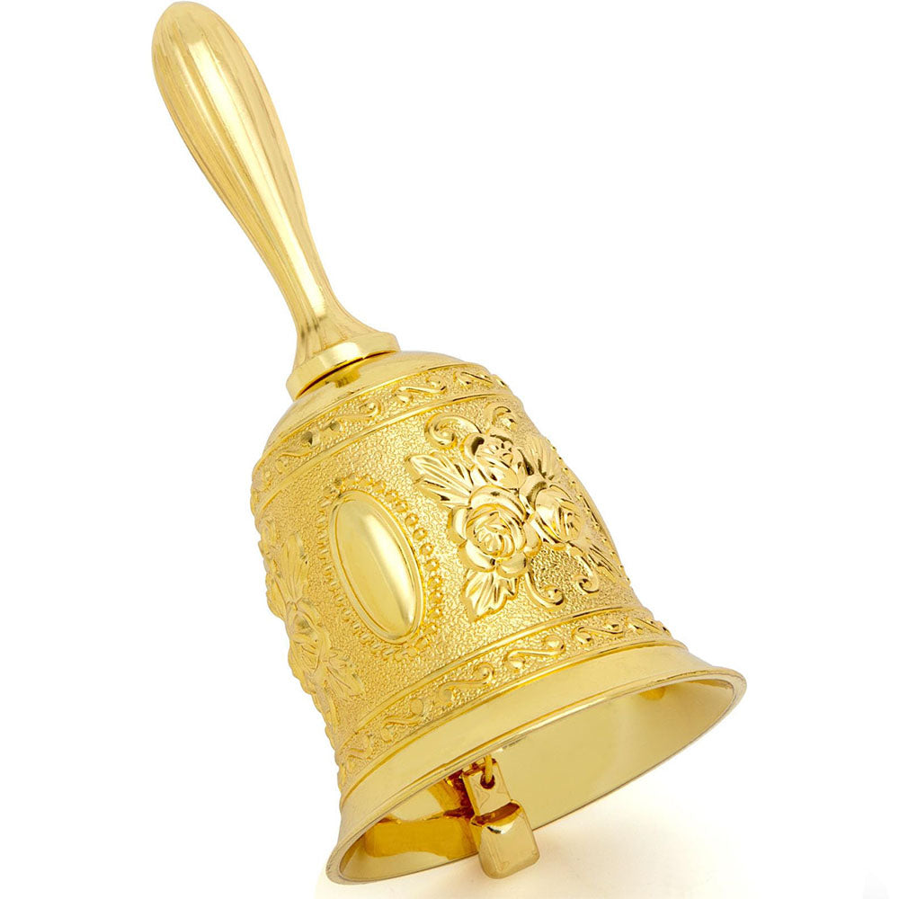 Vintage Hand Bell Retro Metal Dinner Bell with Rose Pattern - Gold