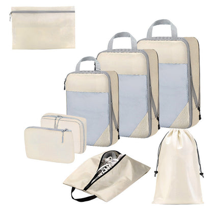 8 Set Compression Packing Cubes For Travel Essentials Expandable Luggage Storage Bags Set  with Laundry Beige