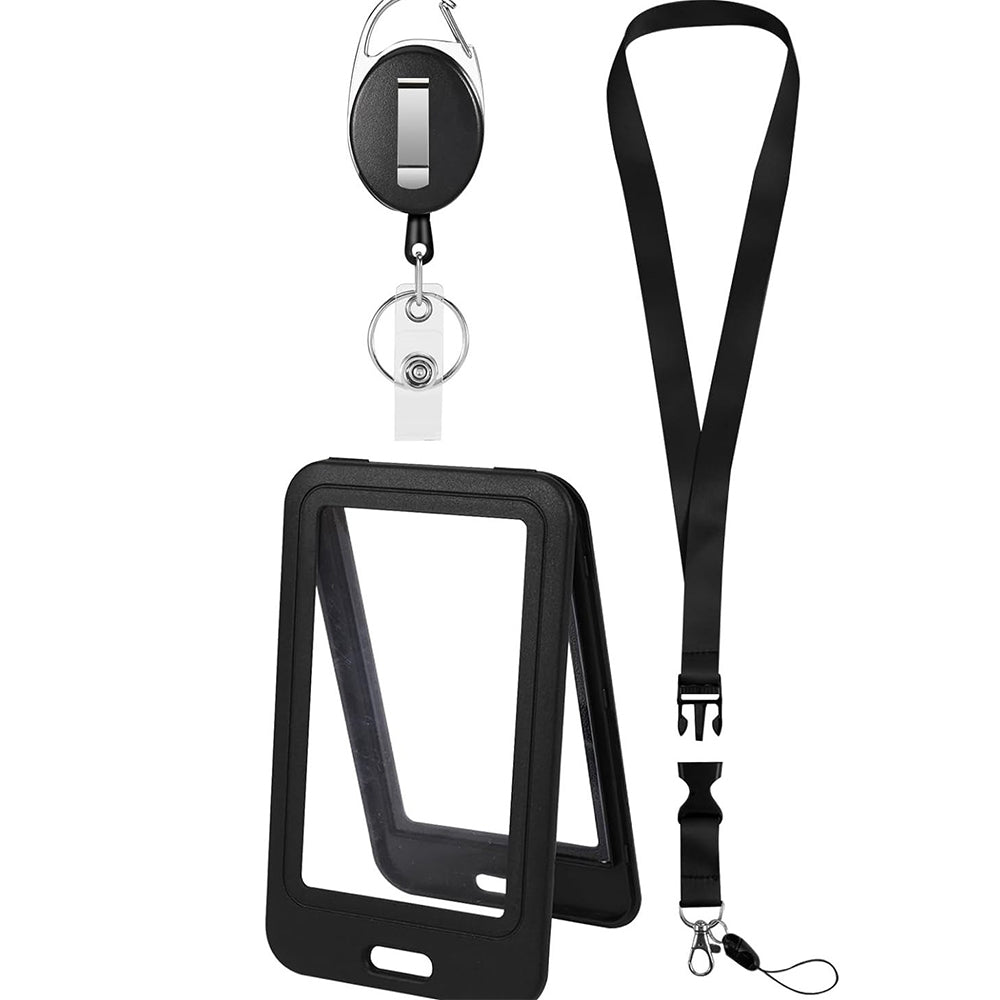 2Pcs Retractable Badge Holder with Lanyard for ID Cards-Black