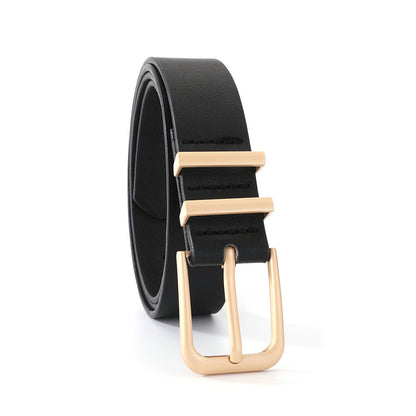Women PU Leather Waist Belt Gold Pin Buckle Casual Belt for Jeans Dress-Black