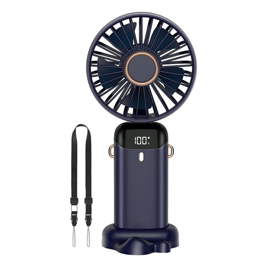 3-in-1 5 Speed USB Handheld Fan Mini Folding Digital Display Fan with Lanyard and Base Blue