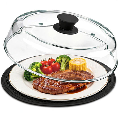 Glass Food Cover Microwave Splatter Guard Serving Dome with Silicone Trivet Black