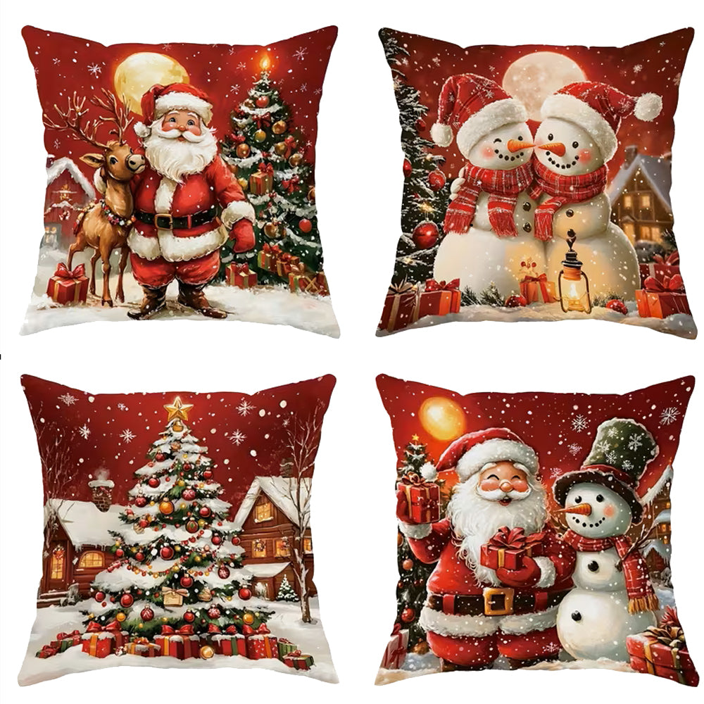 4 Pack 45x45cm Christmas Pillow Covers Plush Pillowcase - Red