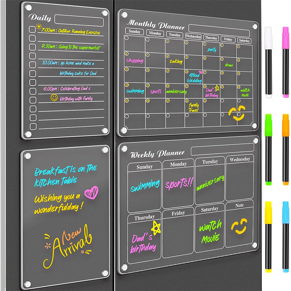 4Pcs Magnetic Dry Erase Calendar for Fridge Acrylic Transparent Board Monthly Weekly Daily Planner
