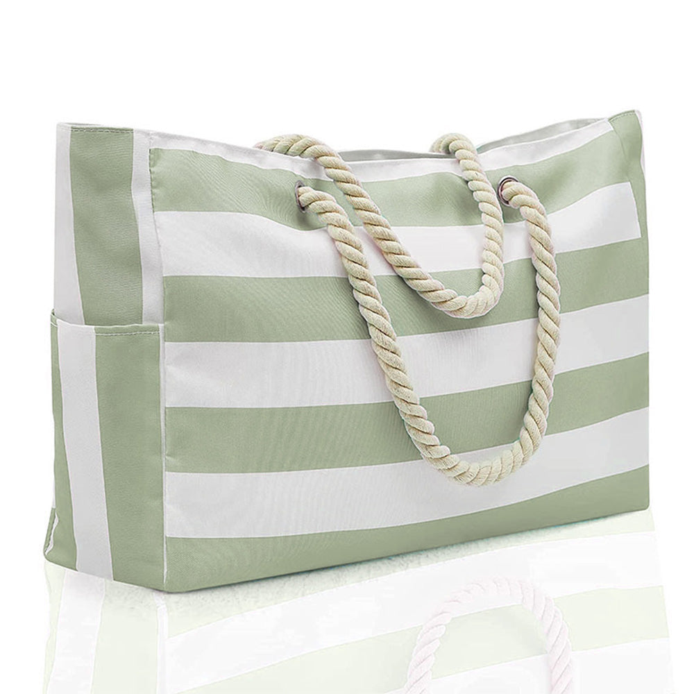 Large Striped Zipper Beach Tote Bag for Travel & Outdoor Vacations Green
