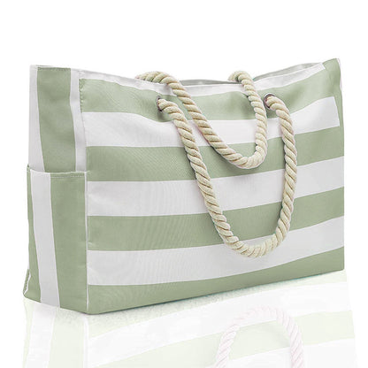 Large Striped Zipper Beach Tote Bag for Travel & Outdoor Vacations Green