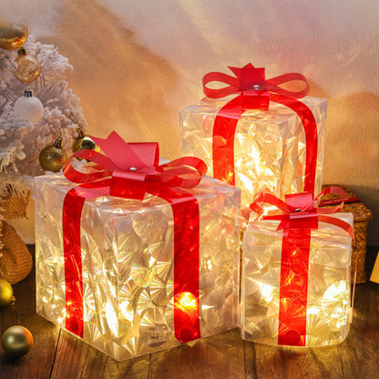 3-Pack 3D Christmas Gift Boxes with LED Lights Holiday Decorations Style 1