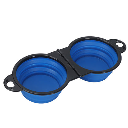 Portable Foldable Dual Pet Bowls for Cats Dogs Outdoor Home Use - Blue