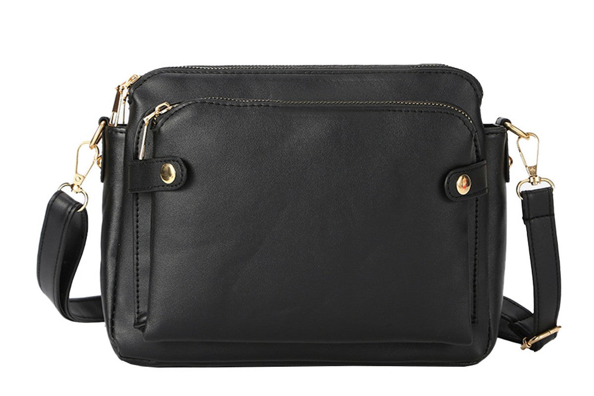 Soft Trendy Three Layer PU Leather Crossbody Purse Shoulder Bag Handbags-Black