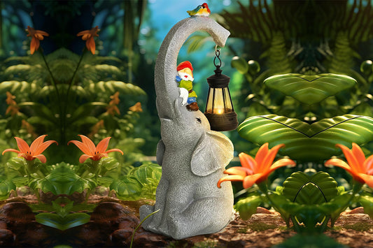 Solar Lights Garden Elephant Statue Outdoor Decor with Garden Gnome and Solar Lantern Outside Patio