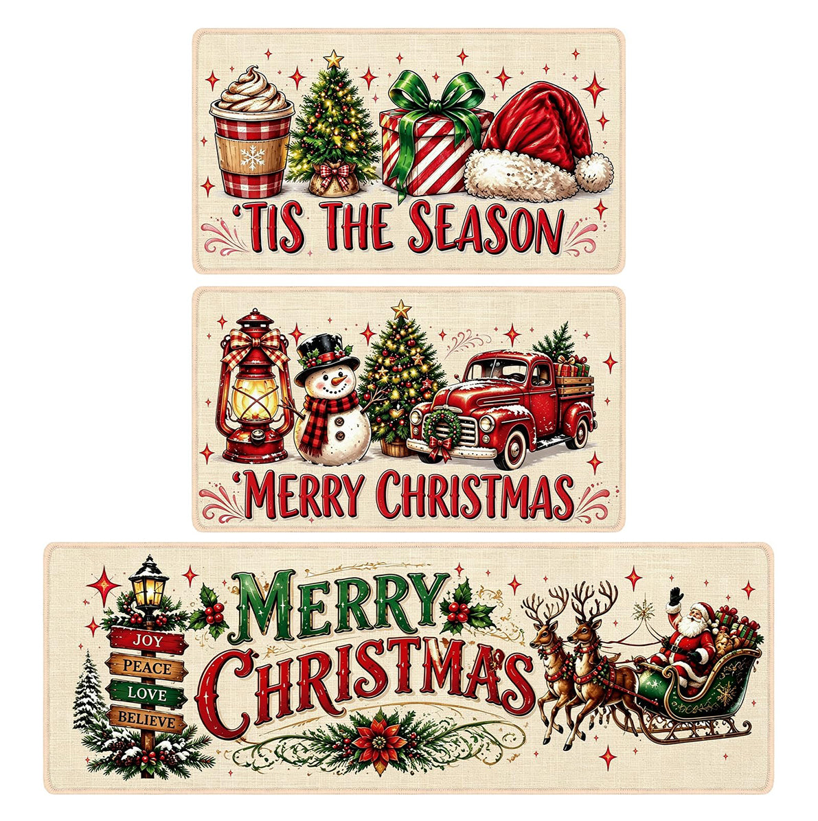 3 Piece Christmas Kitchen Floor Mat Set - Carriage