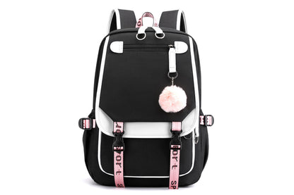 Girls Backpack Middle School Students Bookbag with USB Charge Port-White