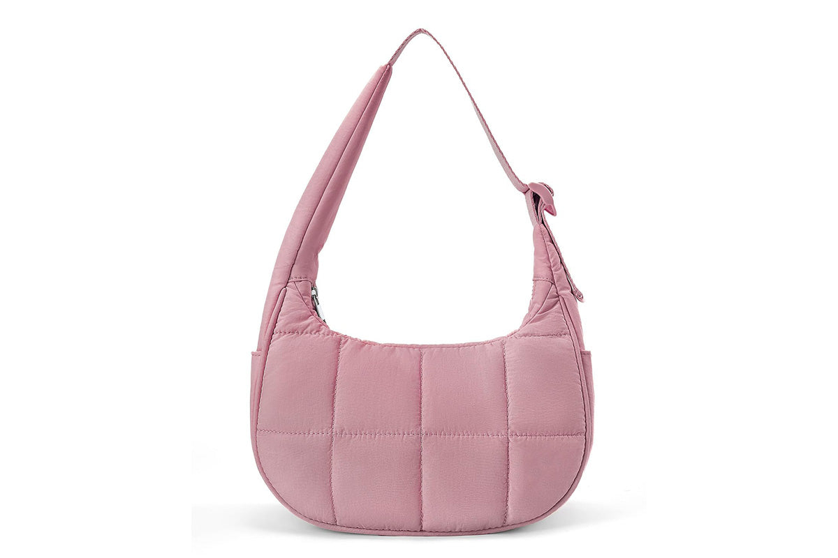 Puffer Crescent Shoulder Bag for Women Quilted Handbag with Adjustable Strap -Pink