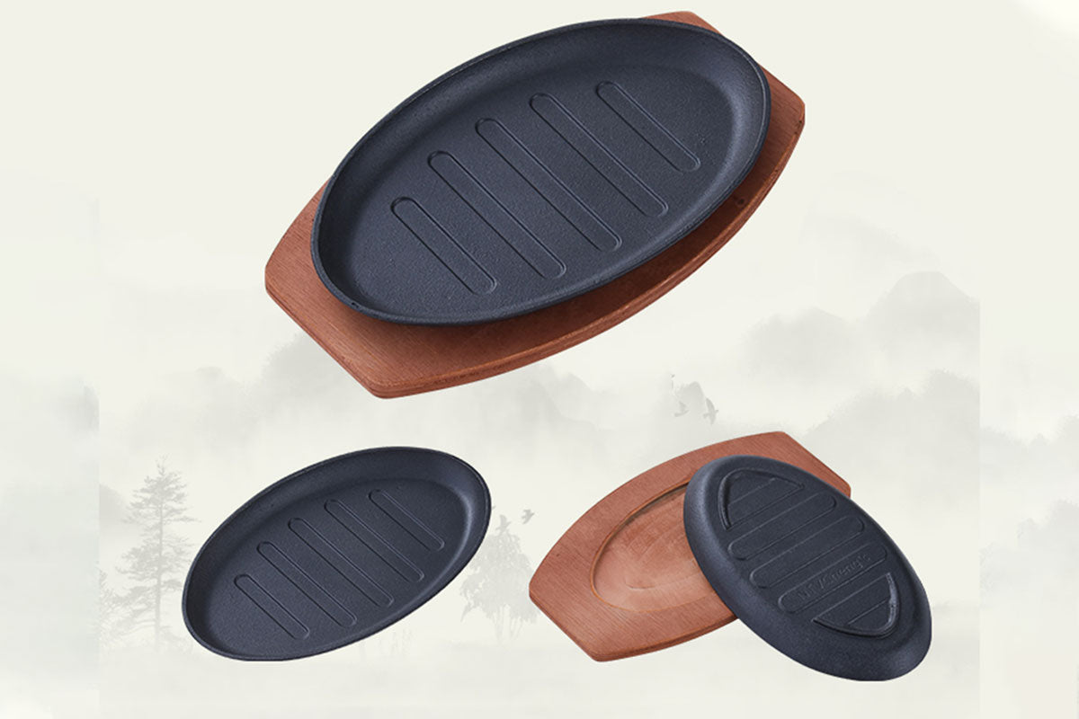 Iron Steak Plate Sizzling Serving Platter With Wooden Base Set