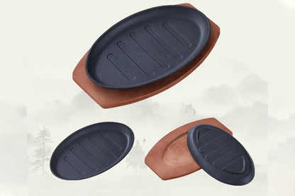 Iron Steak Plate Sizzling Serving Platter With Wooden Base Set