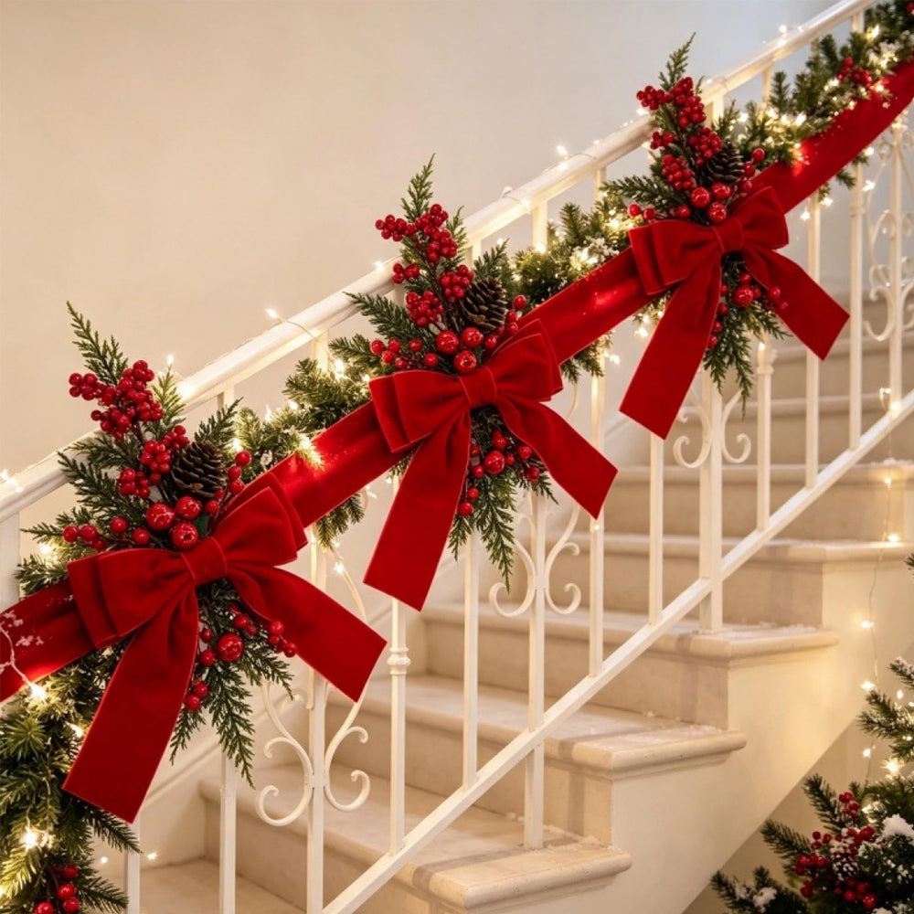 3 Piece Christmas Velvet Bow Ribbon Teardrop Swags for Door and Mantel - Red