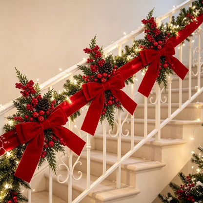 3 Piece Christmas Velvet Bow Ribbon Teardrop Swags for Door and Mantel - Red