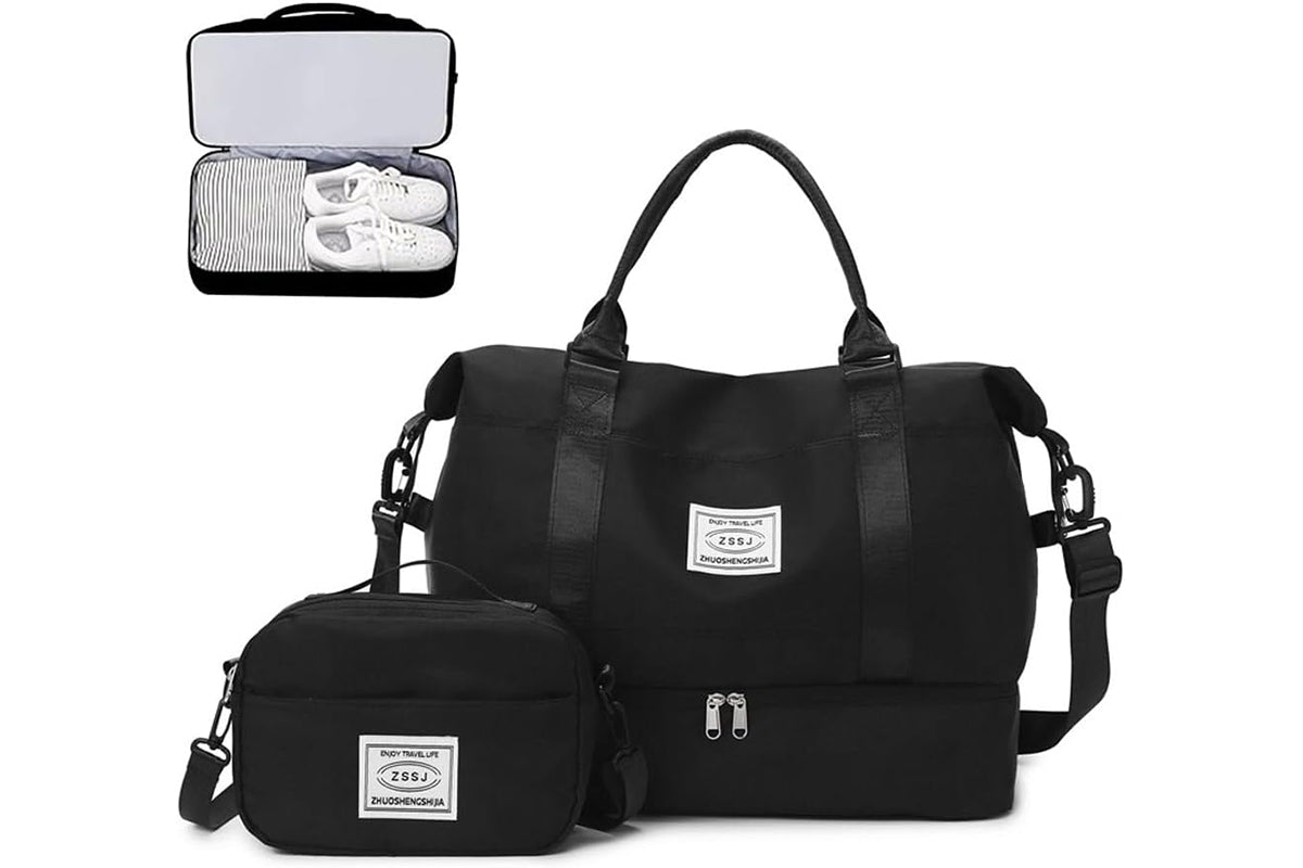 2Pcs Set 35L Travel Duffel Bag Crossbody Bag Shoulder Handbag for Women Men with Shoe Compartment -Black