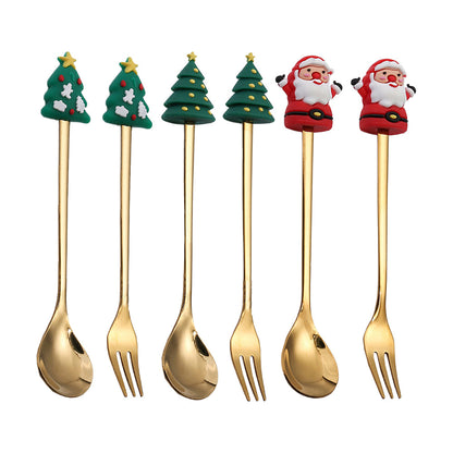 6Pcs Christmas Cutlery Cake Dessert Coffee Stainless Steel Spoon Fruit Fork Tableware Style 1
