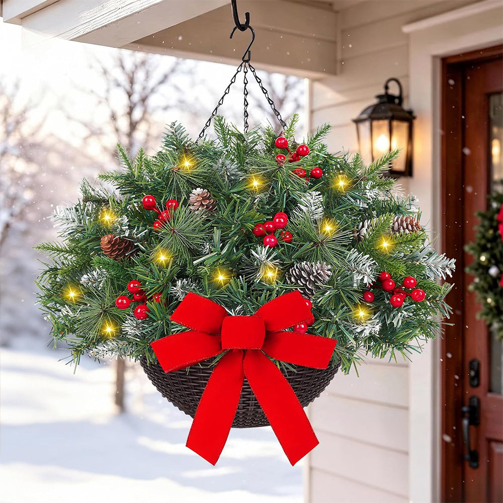 Christmas Artificial Hanging Basket Wreath Light with 8 Lighting Modes