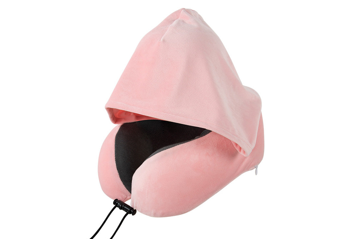 Hooded Travel Pillow with 3D Eye Masks Memory Foam Neck Pillow for Airplane Sleeping-Pink
