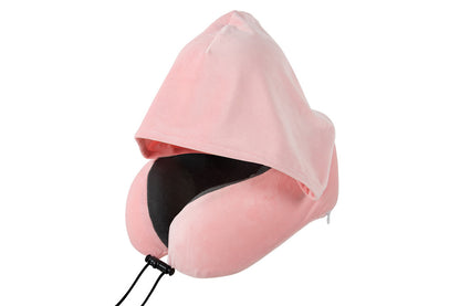 Hooded Travel Pillow with 3D Eye Masks Memory Foam Neck Pillow for Airplane Sleeping-Pink