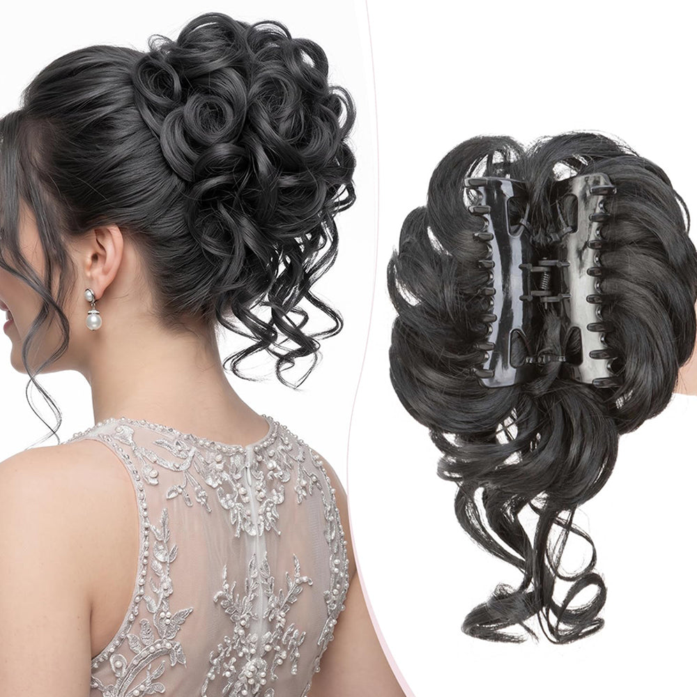 Wavy Bun Hairpiece Clip In Hair Extension Claw Clip Messy Fluffy Hair Piece - Black