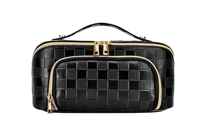 Large Capacity PU Leather Water-Resistant Checkered Cosmetic Bag Travel Makeup Bag-Black
