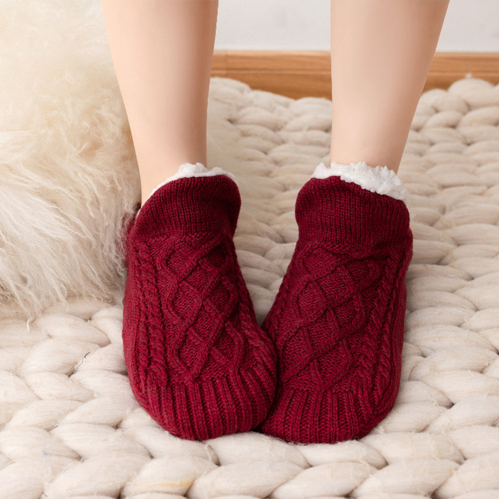 V Cut Faux Shearling Slipper Socks Non Slip Indoor Winter Socks-Wine Red