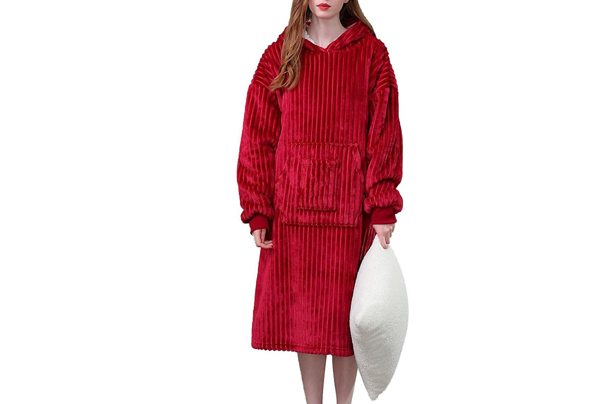 Wearable Blanket Sweatshirt for Women and Men Thick Flannel Hooded Sweatshirt Loungewear -Wine Red