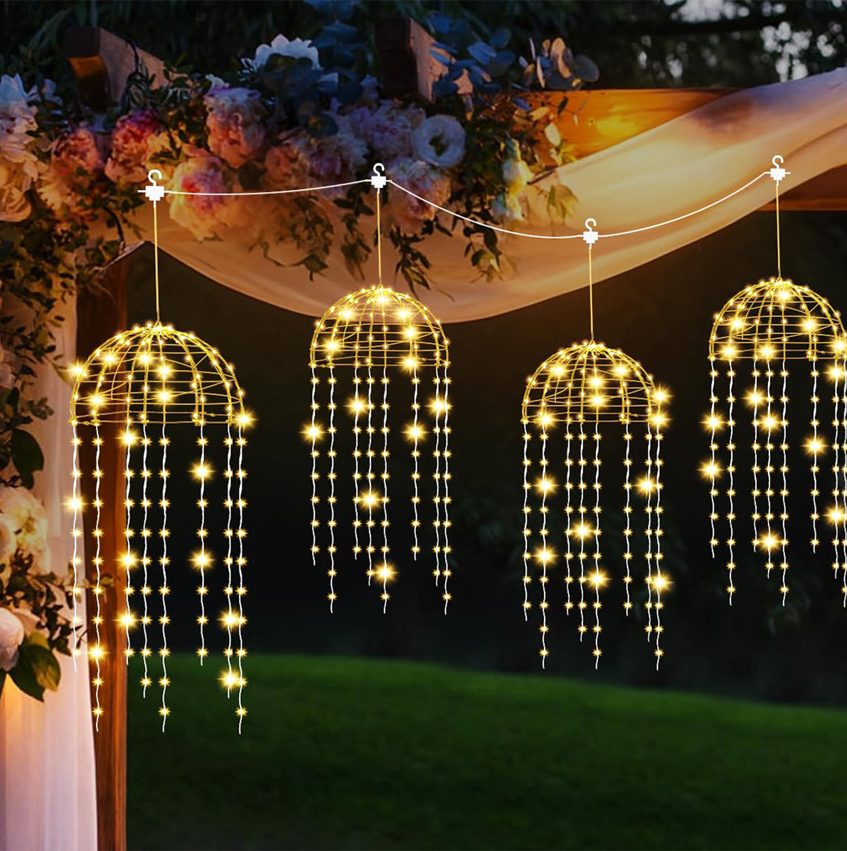 4 Pack Solar Hanging Jellyfish Lights with 256 LEDs and 8 Modes - Warm Light