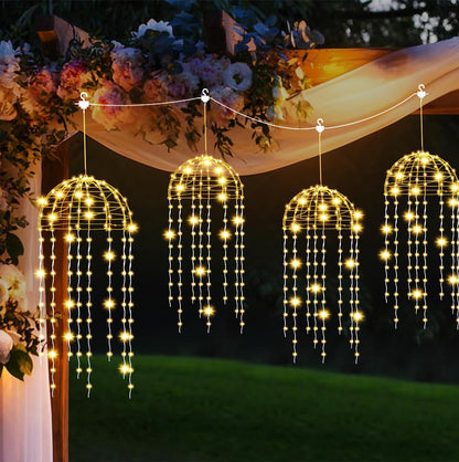 4 Pack Solar Hanging Jellyfish Lights with 256 LEDs and 8 Modes - Warm Light