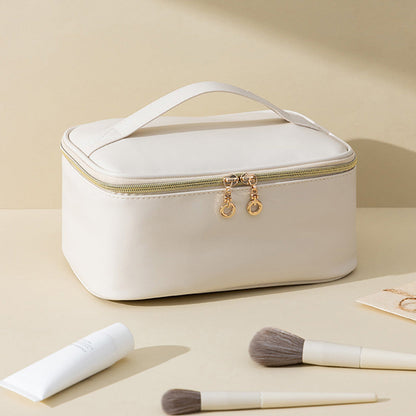 PU Leather Makeup Bag Large Capacity Travel Cosmetic Bag Toiletry Bag for with Handle and Divider White