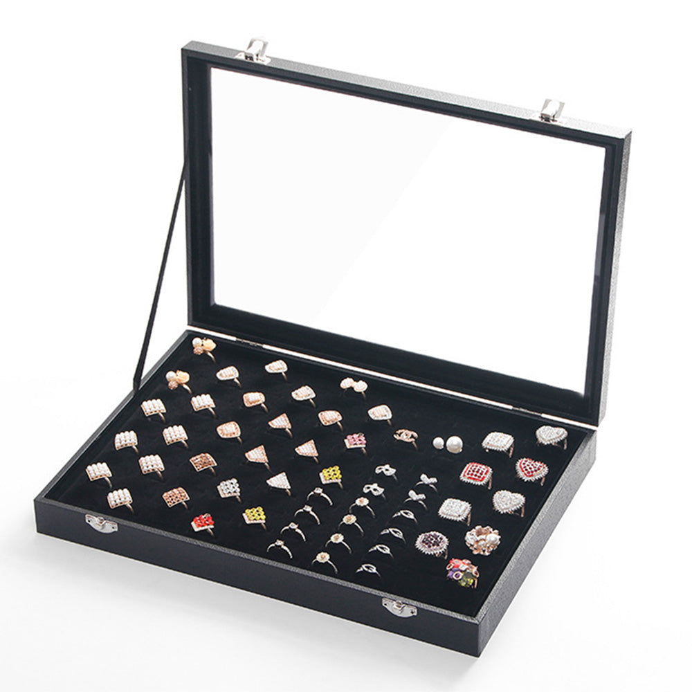 100 Slots Jewelry Ring Display Organizer Box with Glass Lid ¨C Earring and Ring Storage Tray
