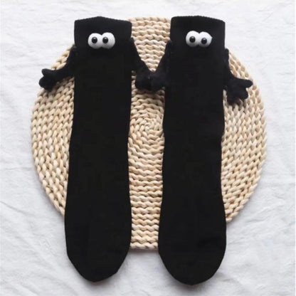 Pair of Funny Magnetic Suction 3D Doll Couple Holding Hands Socks for Women Men Black