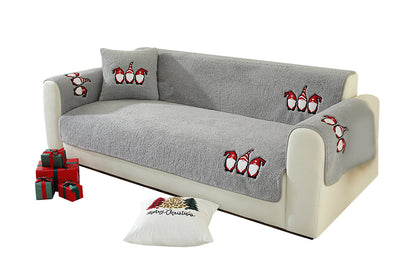 Christmas Sherpa Fleece Slipcover Protector Sofa Throw Cover Soft Thick Cozy Sofa Throw-Grey