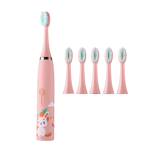 Kids Cartoon Electric Toothbrush Rechargeable Speed Control Toothbrush with 6 Replacement Heads Pink