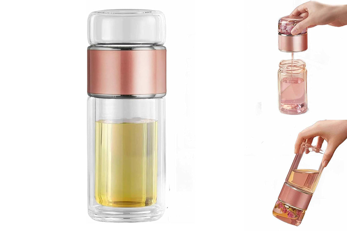 420ml Tea Tumbler Tea Infuser Bottle Double Layer Water Separation Glass Travel Tea Mug -Rose Gold