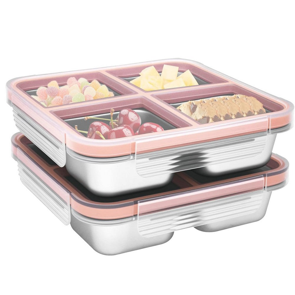 2Pcs Stainless Steel Snack Box With 4 Compartments Divided Meal Prep Container-Pink