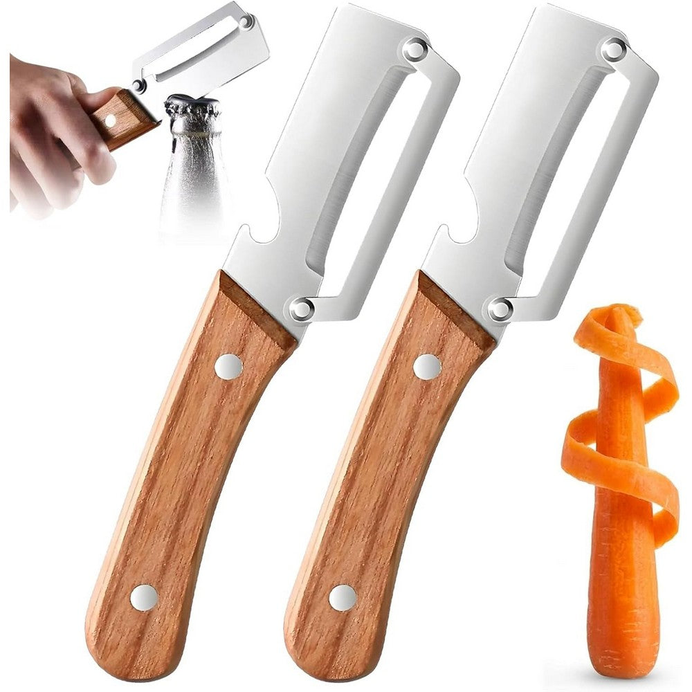 2-in-1 Vegetable Peeler with Wooden Handle Bottle Opener Stainless Steel Blade