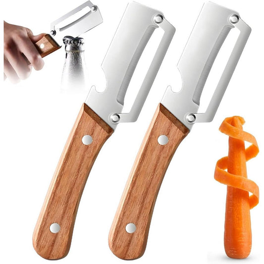 2-in-1 Vegetable Peeler with Wooden Handle Bottle Opener Stainless Steel Blade