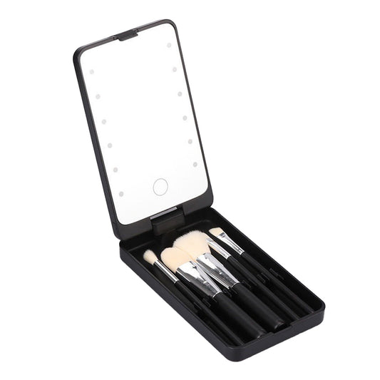 Rotating LED Vanity Mirror with 5 Cosmetic Brushes Portable Travel Makeup Mirror with Light Black